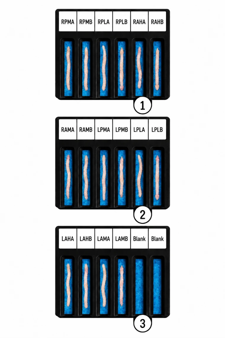 Biopsy cores arranged by sampling site in individually labeled BxBoard lanes: board 1 RPMA, RPMB, RPLA, RPLB, RAHA, RAHB; board 2 RAMA, RAMB, LPMA, LPMB, LPLA, LPLB; board 3 LAHA, LAHB, LAMA, LAMB, Blank, Blank