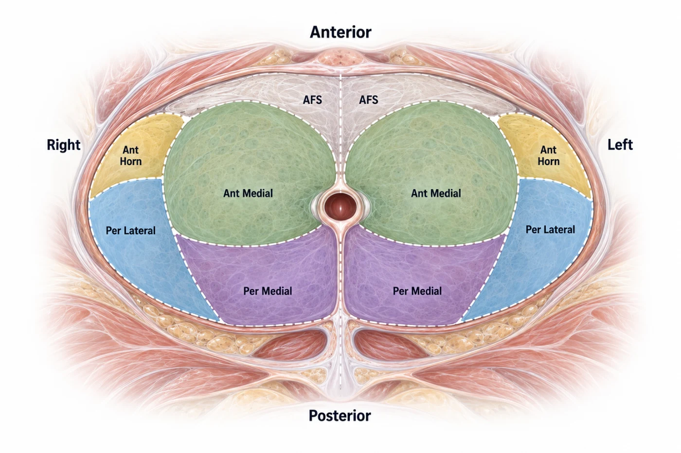 Axial diagram of the prostate showing four defined sampling regions on each side — anterior horn, anterior medial, peripheral lateral and peripheral medial — with the anterior fibromuscular stroma labeled as an anatomic reference.