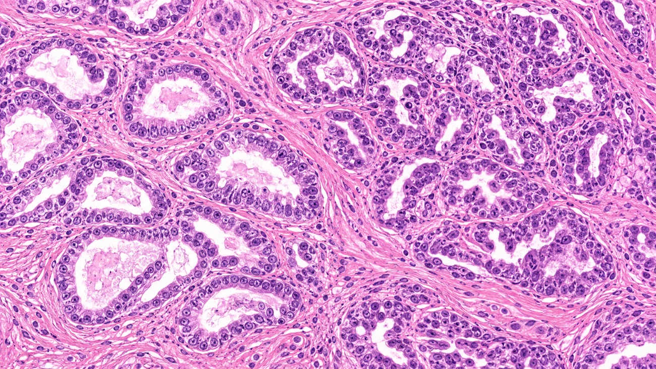 Illustrative H&E-stained prostate tissue showing glandular architecture at high magnification