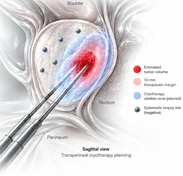 Sagittal anatomic map with a legend identifying the estimated tumor volume, a 10 mm therapeutic margin, a planned cryotherapy ablation zone and negative systematic biopsy sites.