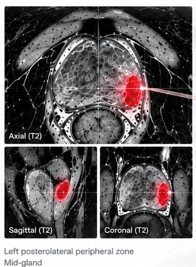 Axial, sagittal and coronal T2 MRI images of the prostate with a left posterolateral peripheral zone lesion indicated at the mid gland.